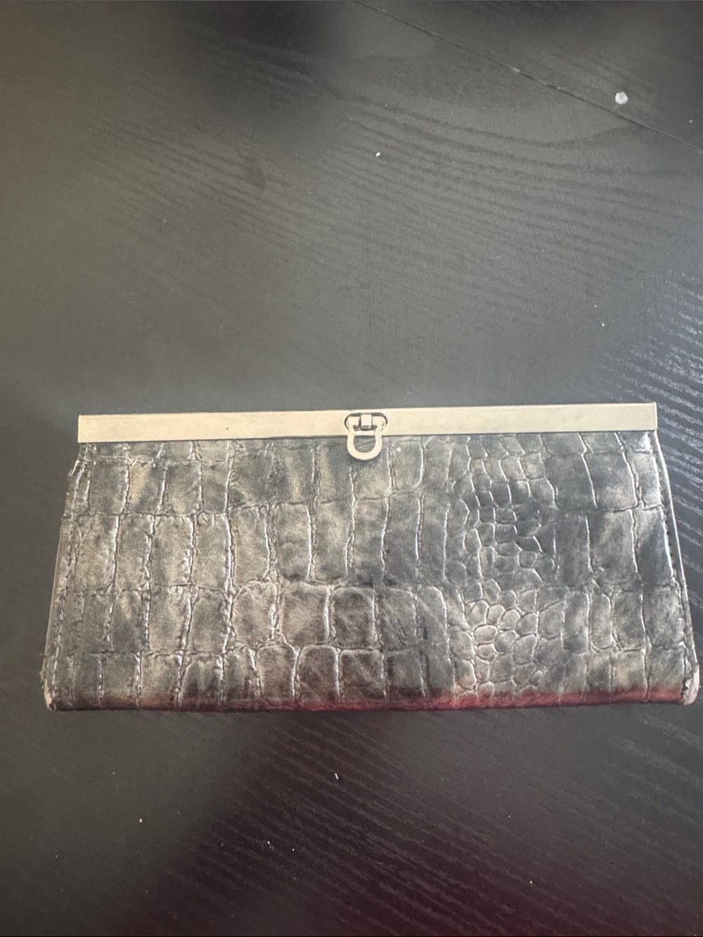 Croc-Embossed Black Clutch with Silver Frame